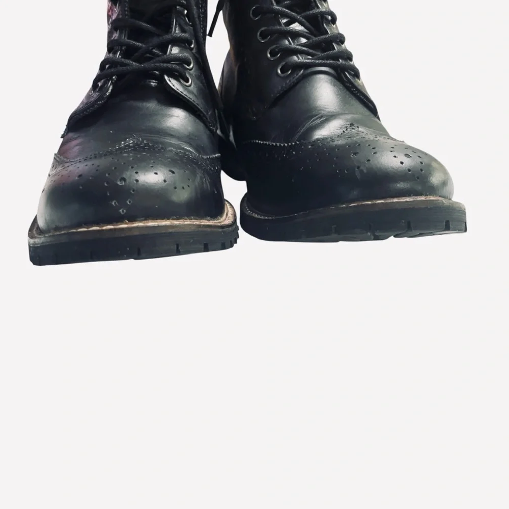 Jeffrey Tyler Black Leather Wingtip Brogue Boots Men's 10.5 Dress Combat Style